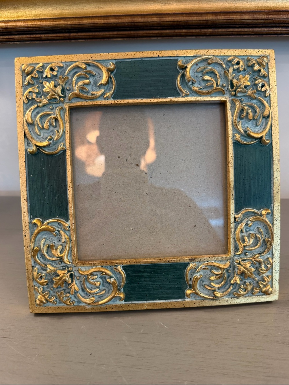Vintage Burnes of Boston Picture Frame Ornate Gold Green 4.5x4.5”Photo